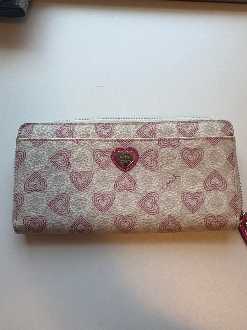Coach Cream Wallet with Pink Heart Motif